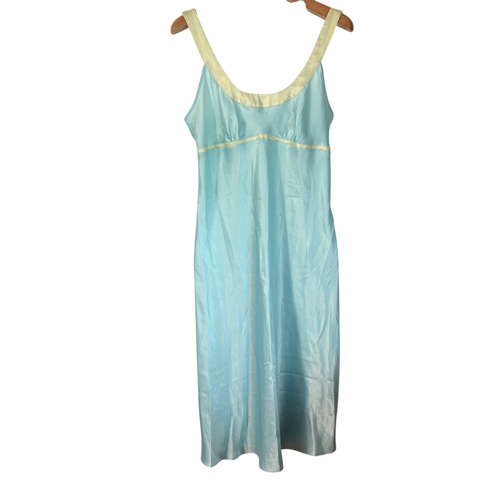 Jones New York Y2K Blue Lime Trim Silky Satin Empire Waist Nightgown Women L